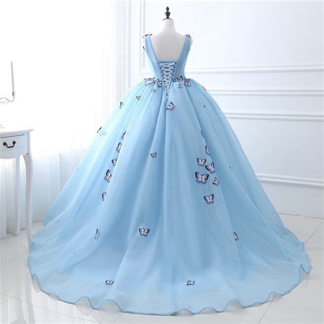 Blue Butterfly Flowers Lace Up Ball Gowns Long Prom Dress D24 Ombreprom