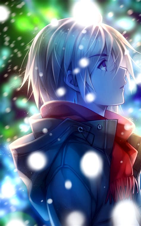 Download 1600x2560 Anime Boy Profile View Red Scarf Winter Snow Coffee Wallpapers For