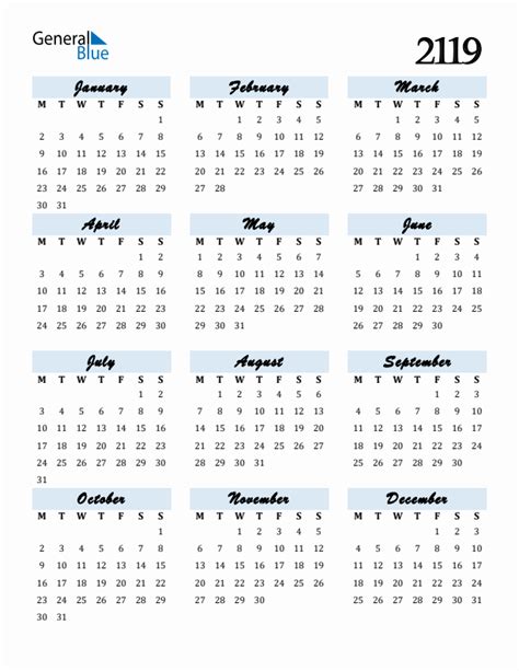 2119 Calendar With Monday Start