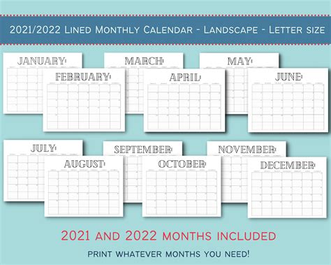 2021 2022 Monthly Lined Printable Calendar Landscape Lined Etsy