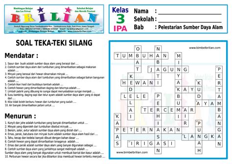 Soal Teka-Teki Silang ( Tts ) Sd Kelas 3 Ipa Penggalan Sumber Daya Alam | BimbelBrilian