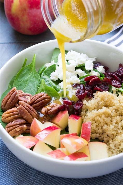 Whisk together remaining juice, olive oil, vinegar, honey, salt, and ground pepper to taste. Spinach and Quinoa Salad with Apple and Pecans. SO FULL OF ...