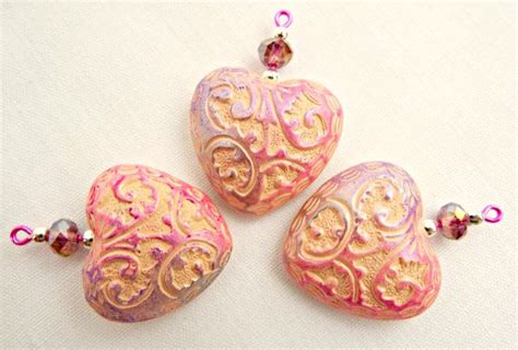 3 Heart Pendants Pink Heart Charms Jewel Enamel Hearts Handmade