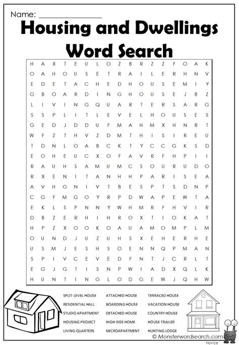 Housing And Dwellings Word Search Monster Word Search