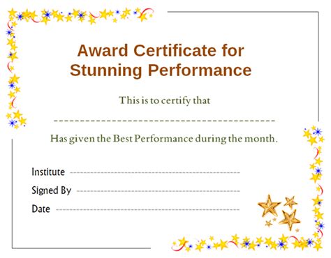 Stars Award Certificate For Performance Template Office Templates Online