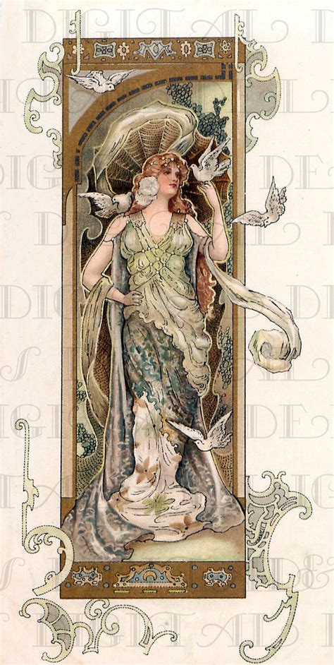 Stunning Nouveau Lady With Doves Digital Edwardian Lady Etsy Art Nouveau Illustration Art