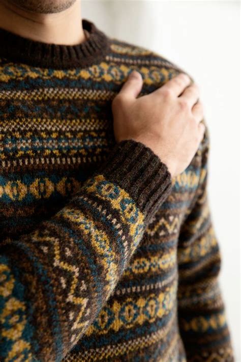 Mens Fair Isle Kinnaird Jumper In Olive Brown With Teal Camel And