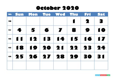 October 2020 Blank Calendar Printable Nom20b718