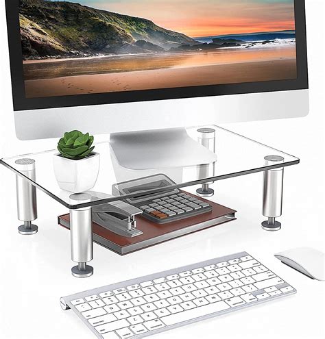Fitueyes Clear Computer Monitor Stand Riser Save Space Glass Desktop