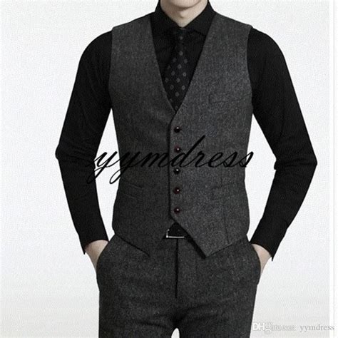 Black Wool Herringbone Tweed Groom Vests Business Mens Suit Vest Slim
