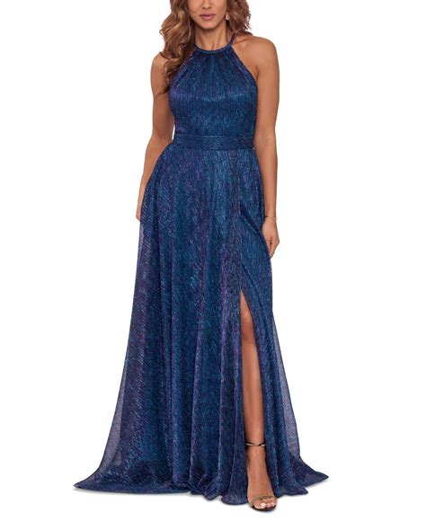 Betsy And Adam Synthetic Metallic Halter Gown In Blue Lyst Canada
