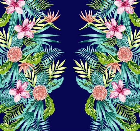 Floral Pattern With Tropical Flowers And Leaves In Side Borders Design