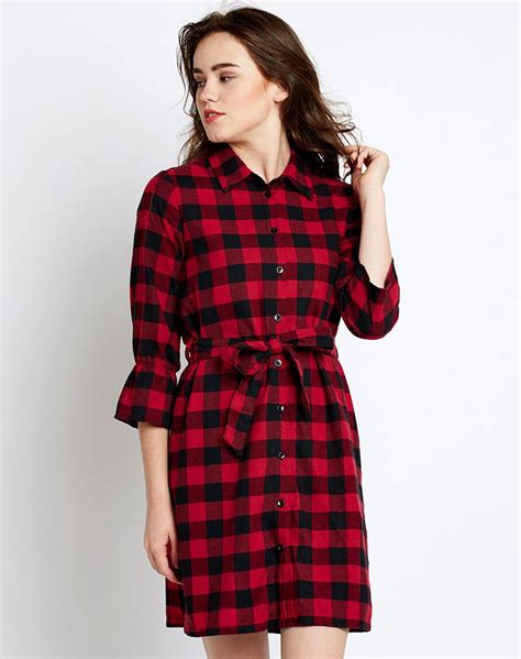 Shop Online Red And Black Check Printed Knotted Shirt Dress Designer