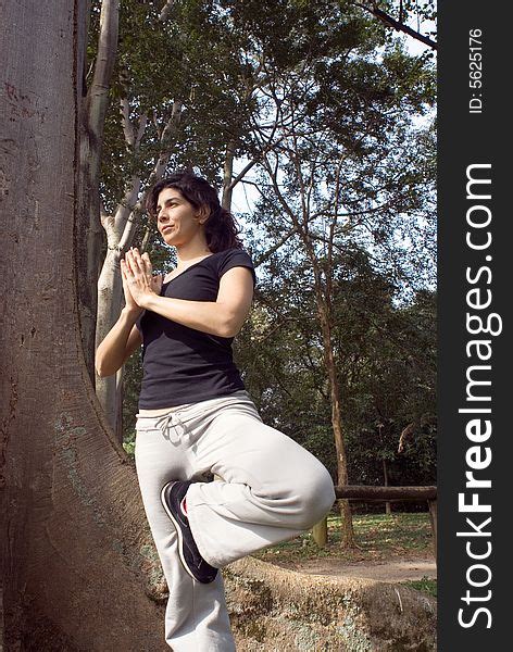 4 Woman Yoga Pose Next To Tree Vertical Free Stock Photos