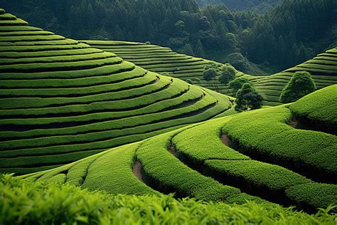 Tea Plants Are Forming Circular Rows Up A Mountainside Background