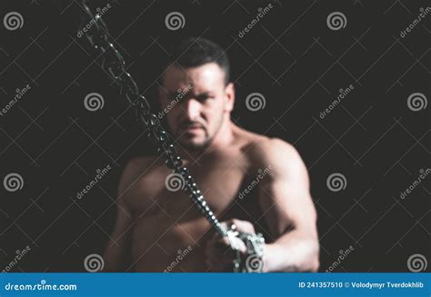 Man With Chain Concept Of Broken Metal Chains Strong One With Perfect Muscles Mans Power