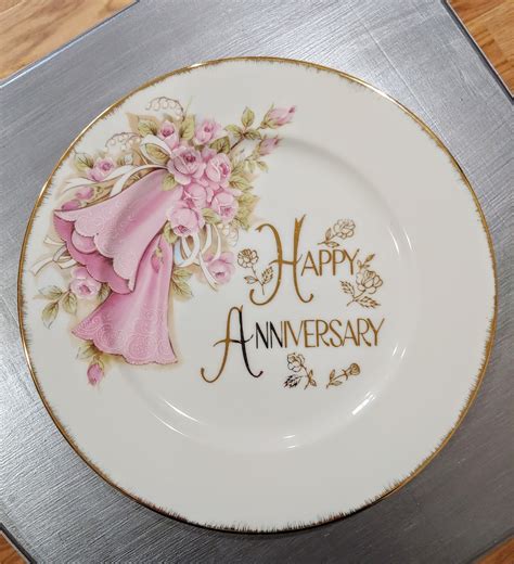 Beautiful Happy Anniversary Plate Gold Trim Pink Flowers Pink Etsy