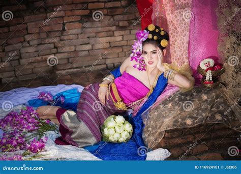 Portrait Of Beautiful Rural Thai Woman Wear Thai Dress In Chiang Mai Thailand Stock Image
