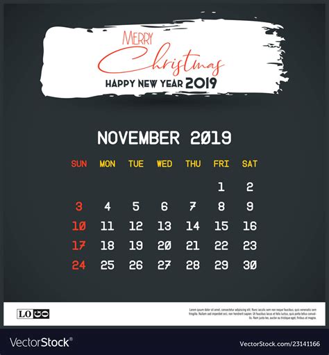 November 2019 New Year Calendar Template Brush Vector Image