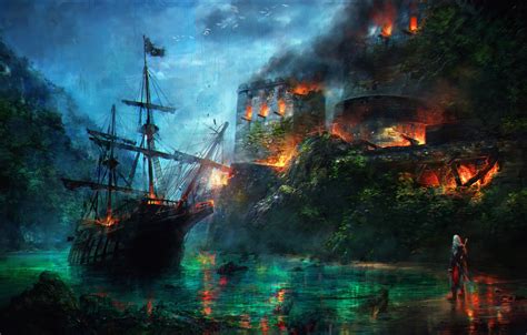 Wallpaper Ship Fortress Burns Assassin Assassin S Creed Black Flag