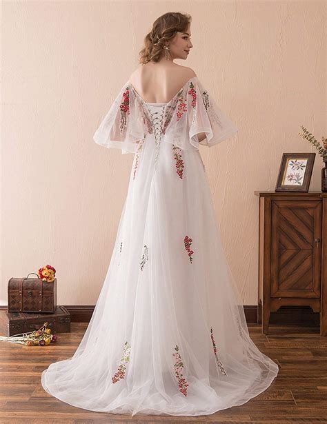 Women Bohemian Prom Dress Floral Embroidered Tulle Long Prom Dresses