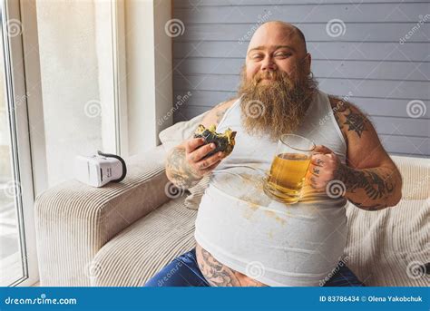 Satisfied Fat Guy Enjoying Unhealthy Food Stock Photo Image Of Belly