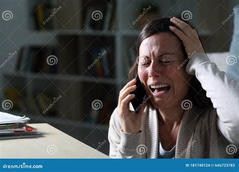Sad Adult Woman Calling On Phone Crying At Night At Home Stock Photo Image Of Confused