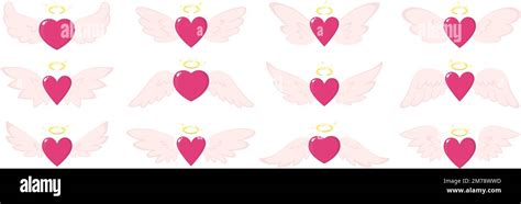 Red Hearts With Wings Flying Pink Heart Cartoon Style Love And