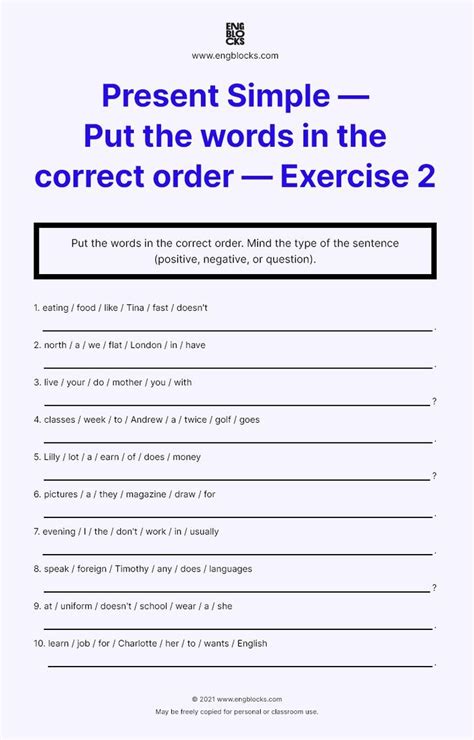 Present Simple Put The Works In The Correct Order Words Worksheets