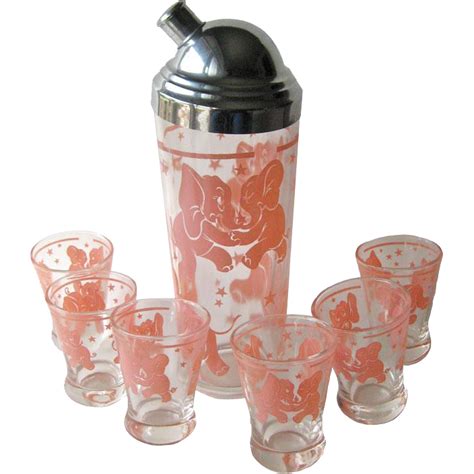 pink elephant cocktail shaker and six glasses vintage barware happy hour bar set from