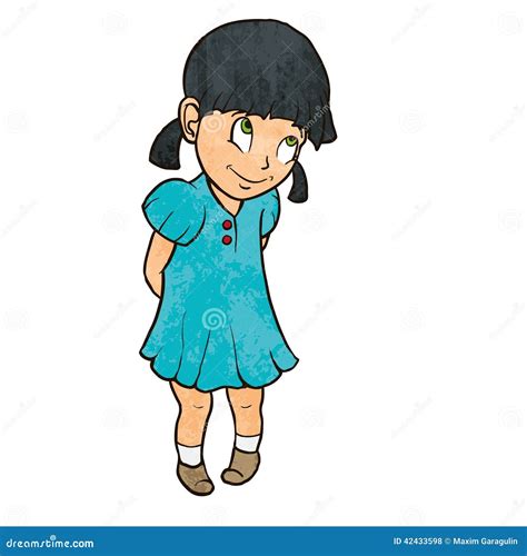 Cute Shy Cheerful Little Girl In Blue Dress Cartoon Illustration Stock