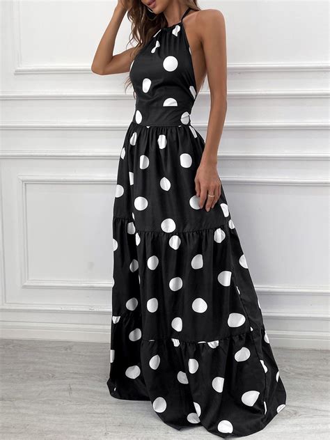 Polka Dot Print Halter Backless Ruched Maxi Dress In 2021 Ruched Maxi