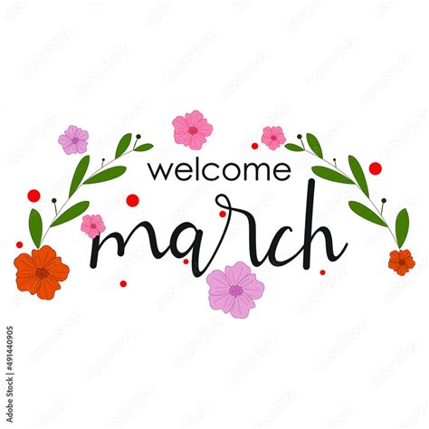 Welcome March Logo Ilustration And Clip Art With Floral Stock Vector