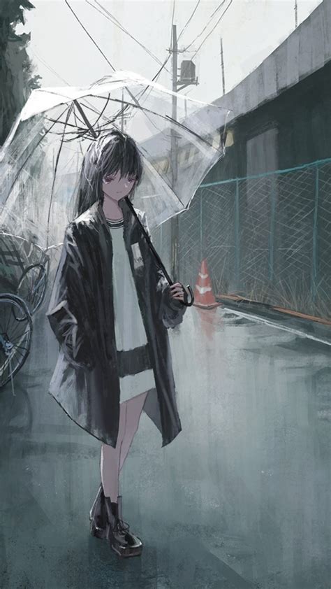 Download 720x1280 Anime Girl Sadness Raining Street Coat Mood