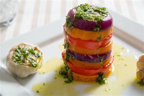 Roasted Vegetable Stack With Garlic Lemon And Coriander Oil