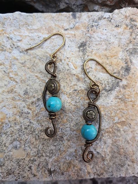 Antique Bronze Wire Wrapped Dangle Turquoise Earrings Custome Order For