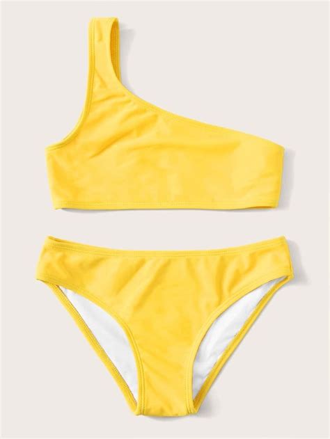 Girls Plain One Shoulder Bikini Swimsuit Shein Usa In 2021 Yellow