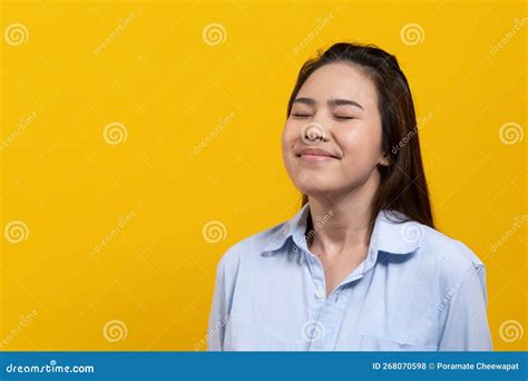 Happy Woman Deep Breathing Isolated On Background Stock Photo Image