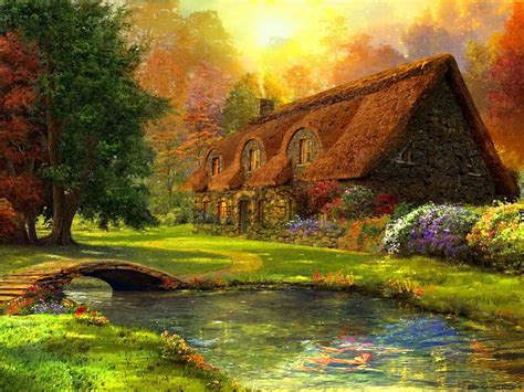 Lovely Countryside Cottage Pretty Colorful Autumn House Glow