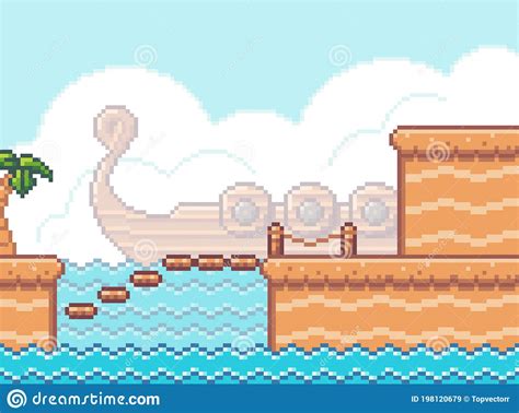 Pixel Art Game Scene With Wooden Plarforms Palm Steps Of Boards