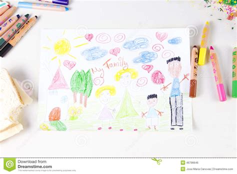 Paper for drawing and writing. Kids Drawing Of Multi-racial Family And Colored Pencils On ...