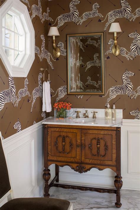 Elegant Transitional Powder Room With Whimsical Wallpaper
