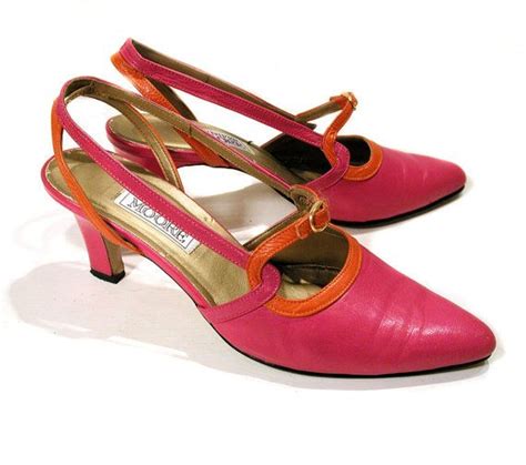 80s Hot Pink Orange Heels 75 Or 8 Leather Slingbacks Fuchsia