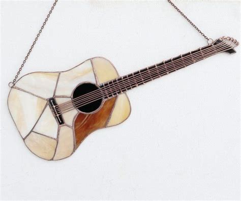 Stained Glass Art Suncatcher Acoustic Classic Guitar Musical Instrument Handmade Home Decor Gift