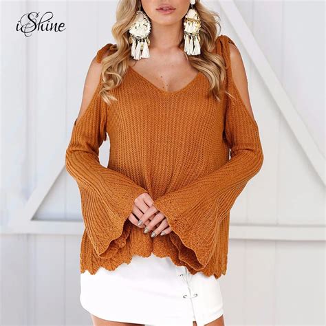 2017 Women Lace Up Strappy Crop Top Sweaters Off Shoulder Sexy Hollow Long Flared Sleeve Femme