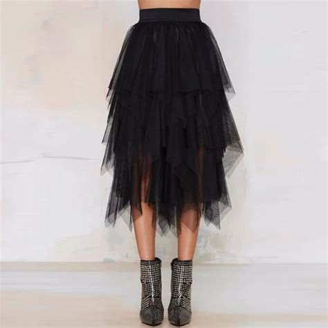 Fashion Tiered Black Long Tulle Skirt Women Irregular Mesh Tutu Skirt