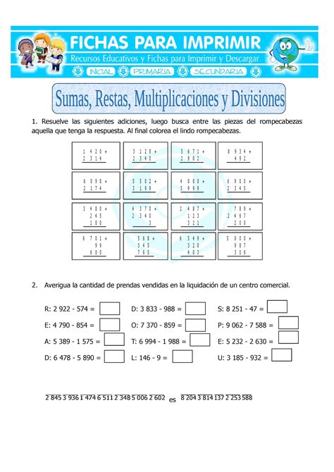 Ficha Sumas Restas Multiplicaciones Y Divisiones Para Cuarto De