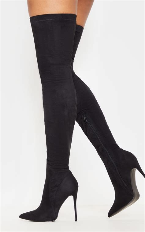 Emmi Black Faux Suede Extreme Thigh High Heeled Boots Prettylittlething