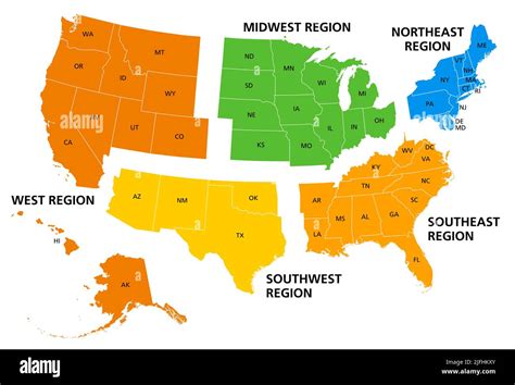 Estados Unidos Regiones Geogr Ficas Mapa Pol Tico Coloreado Cinco