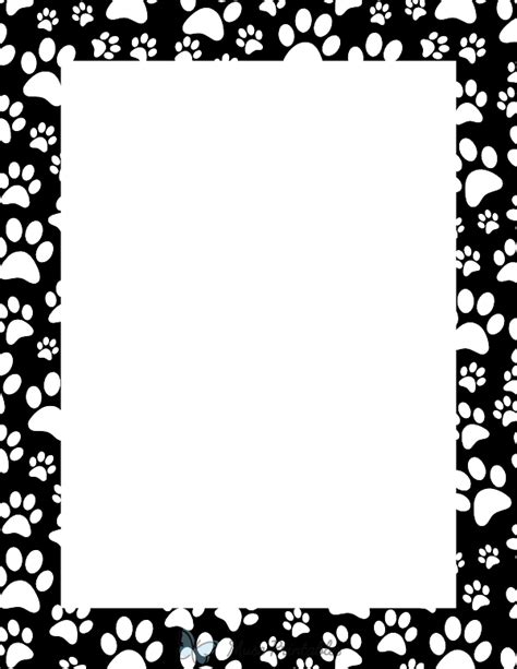 Printable White On Black Random Paw Print Page Border